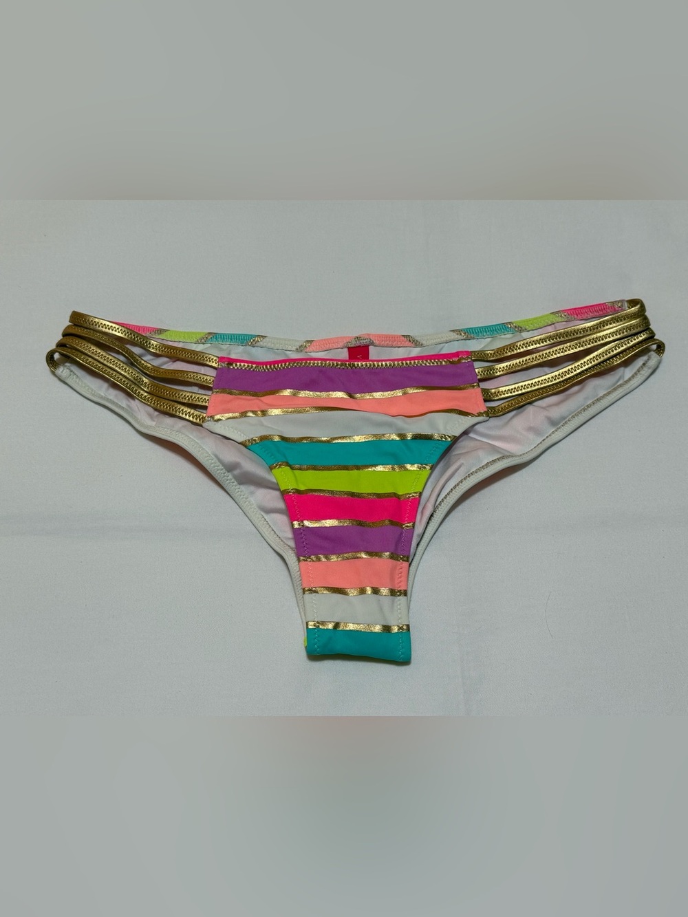 Victoria's Secret Multicolor Striped Bikini Bottom with Gold Accents